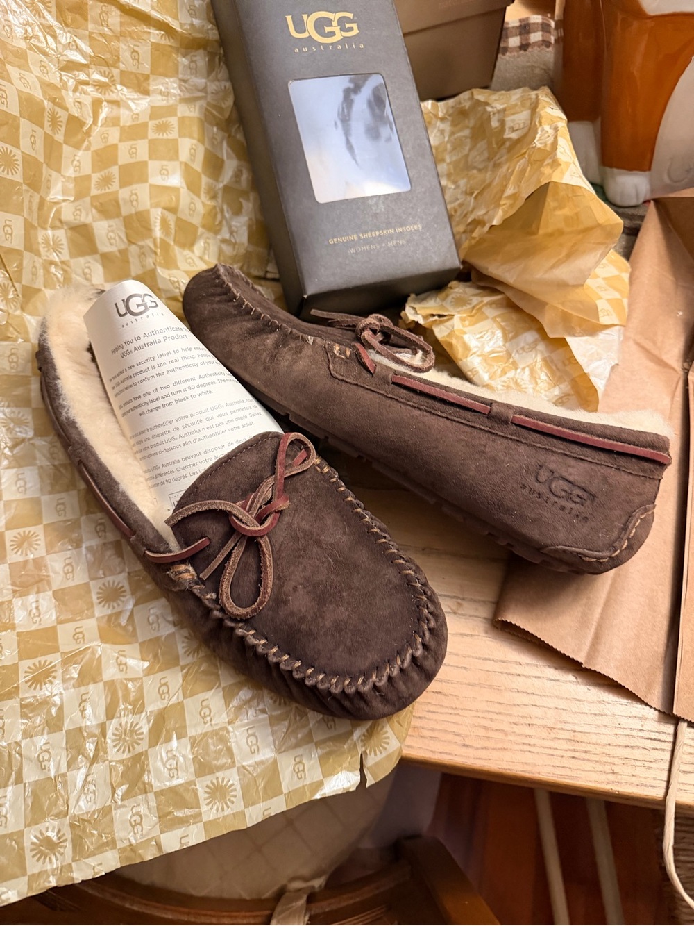 UGG Brown Suede Women’s Moccasin Slippers with Sheepskin Lining